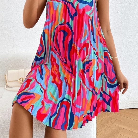 Trends Now! Contemporary Print Tie Back Halter Pleated Mini Dress - Picture 3 of 5